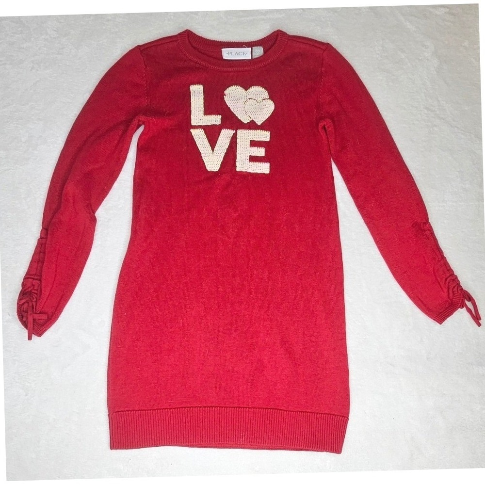 The Children's Place Sweater Dress 5/6 Red Love Sequin Heart Lace Up Sleeve